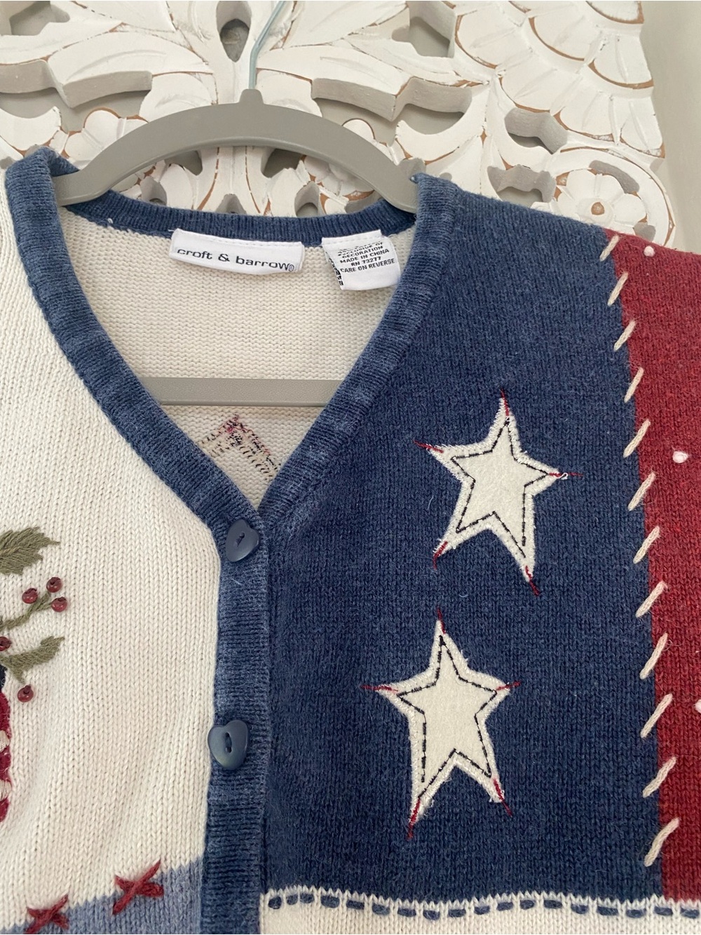 Vintage 90s Y2K Croft & Barrow Americana Patchwork Cardigan Vest Top L Patriotic - Picture 3 of 13